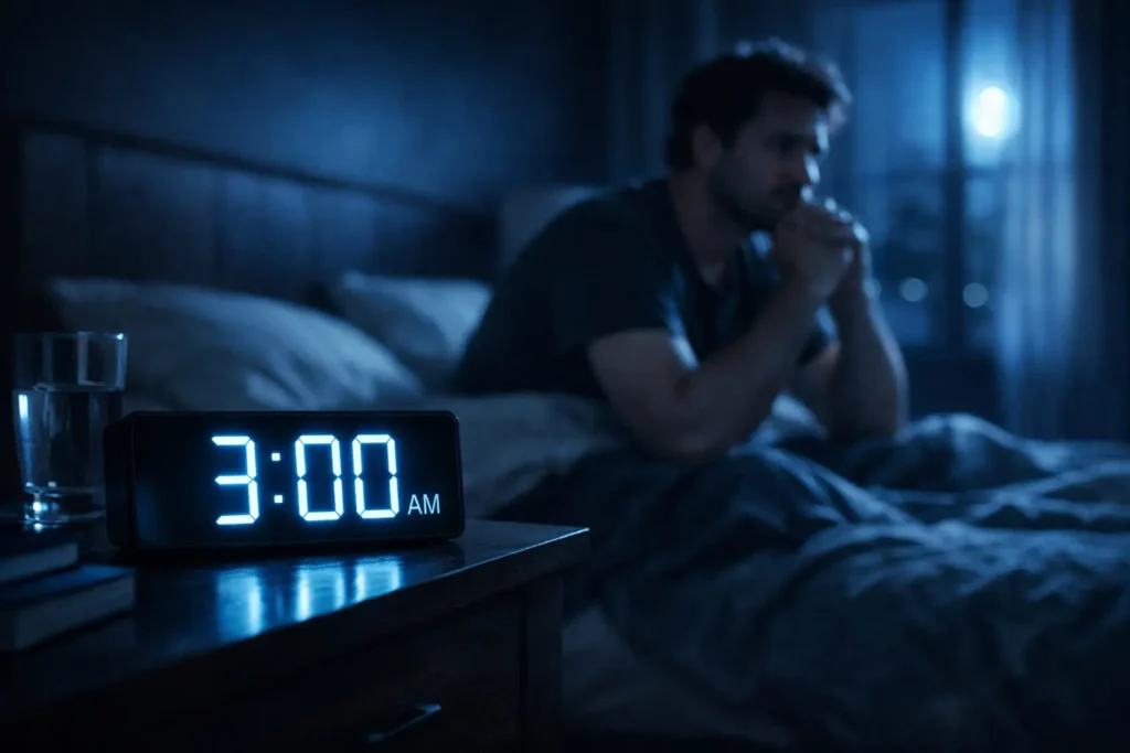 Person waking up at 3am in bed with glowing digital clock showing 3:00 AM, representing sleep disturbance and insomnia causes