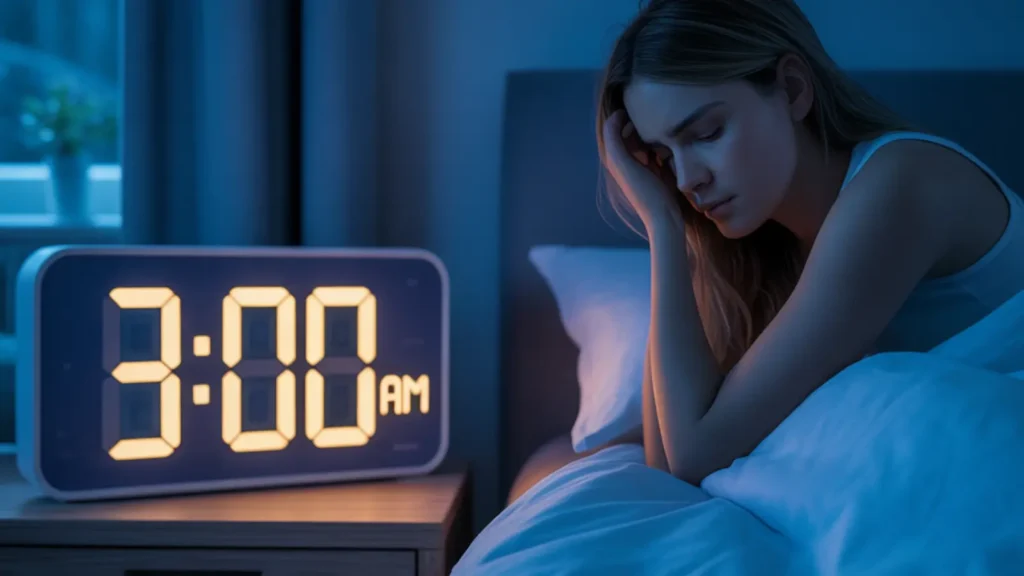 Person waking up at 3am in the middle of the night, representing common causes like stress, sleep cycles, medical issues, and spiritual beliefs behind early morning awakenings.