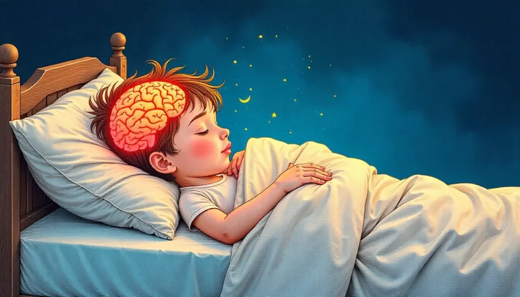 Illustration depicting psychological causes of waking up at 3am, showing a restless person surrounded by symbols of stress, anxiety, racing thoughts, and overthinking.