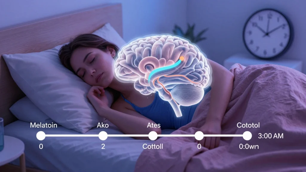 Illustration of a sleeping woman with an overlay of the brain showing sleep hormones like melatonin and cortisol fluctuating around 3:00 AM.