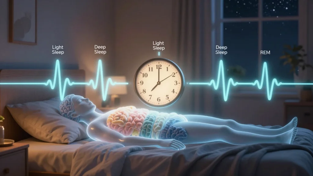 Illustration of human sleep cycles showing REM, deep sleep, and light sleep stages around 3am