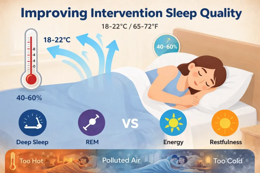 Feature image showing ideal bedroom temperature, humidity, and clean air for better sleep, highlighting deep sleep, REM cycles, and improved rest