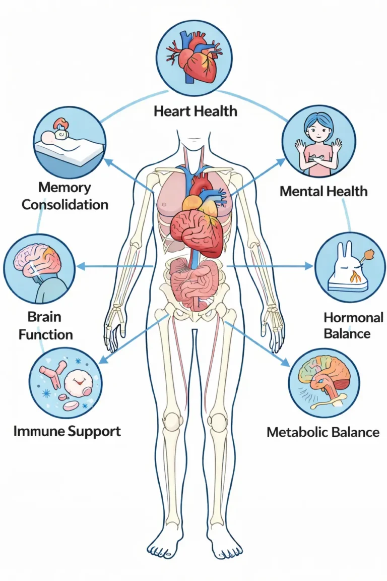 Human body diagram showing sleep’s effects on heart, brain, immune system, and metabolism.