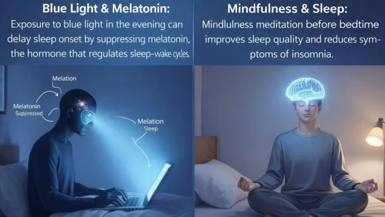 Research-based sleep infographic showing blue light suppressing melatonin versus mindfulness meditation improving sleep quality and reducing insomnia