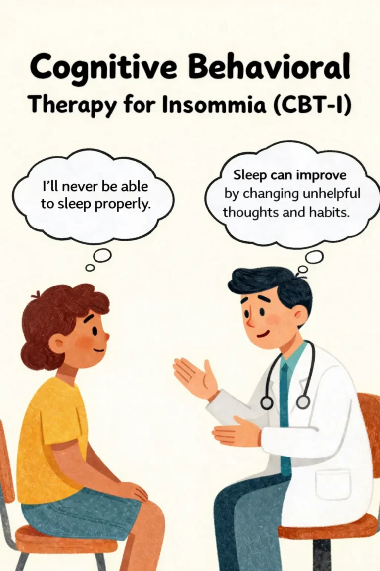 CBT-I therapy illustration with therapist and patient discussing insomnia