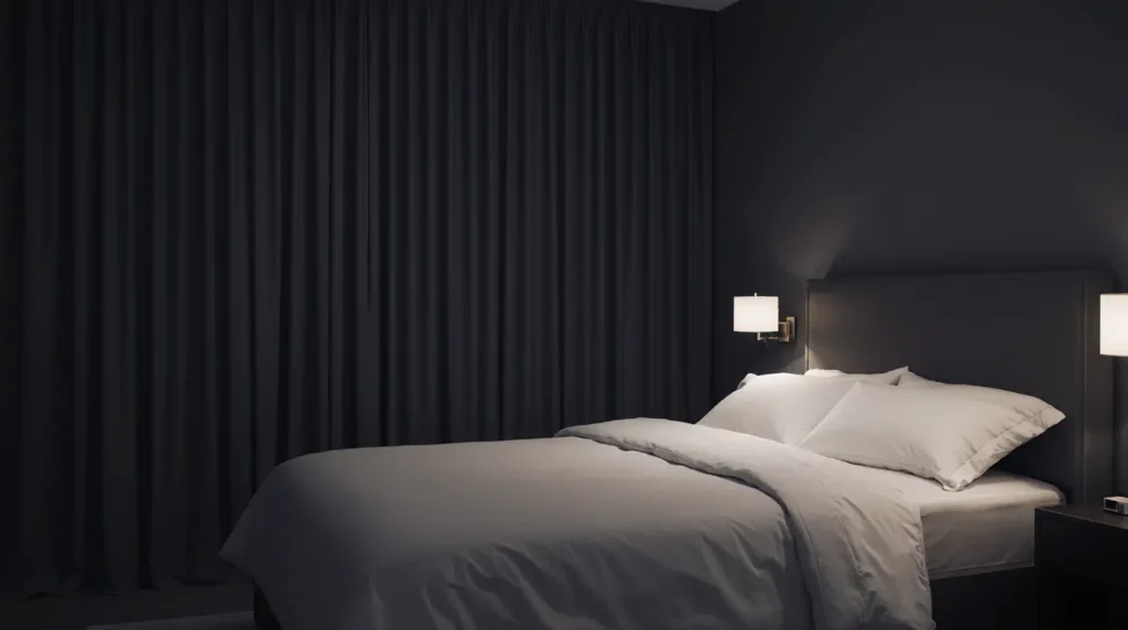 Dark bedroom with blackout curtains for optimal sleep environment