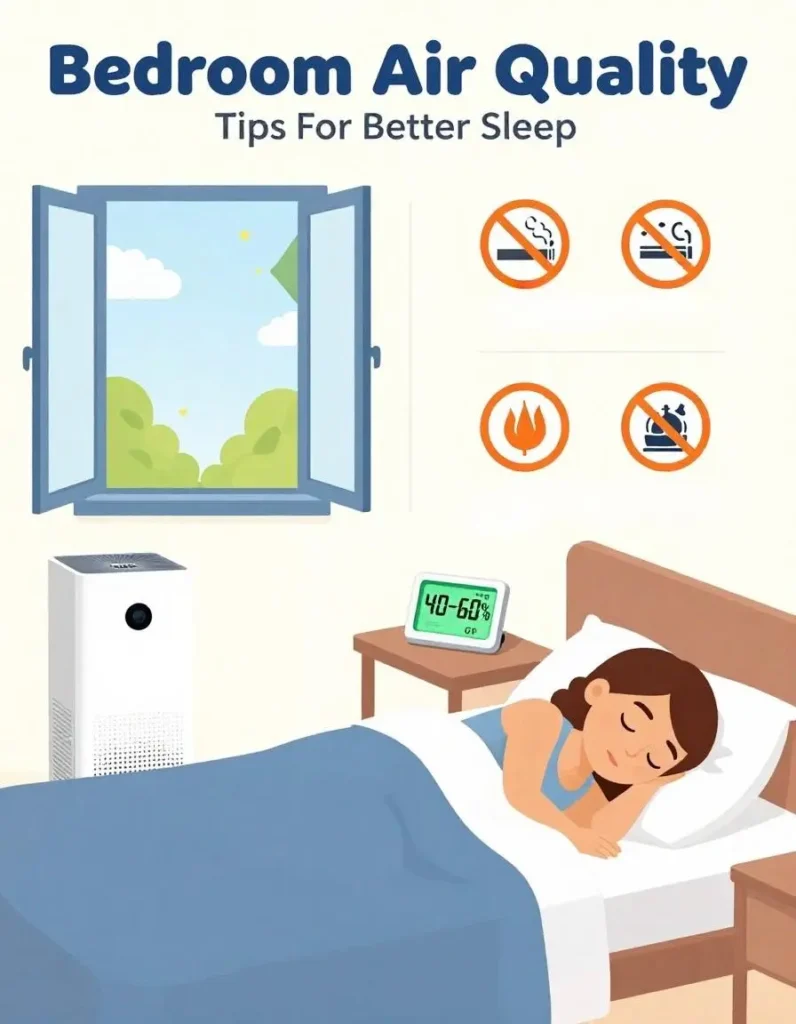 Infographic illustrating expert-recommended air quality tips for better sleep, including ventilation, HEPA air purifiers, healthy humidity levels, and avoiding strong chemicals