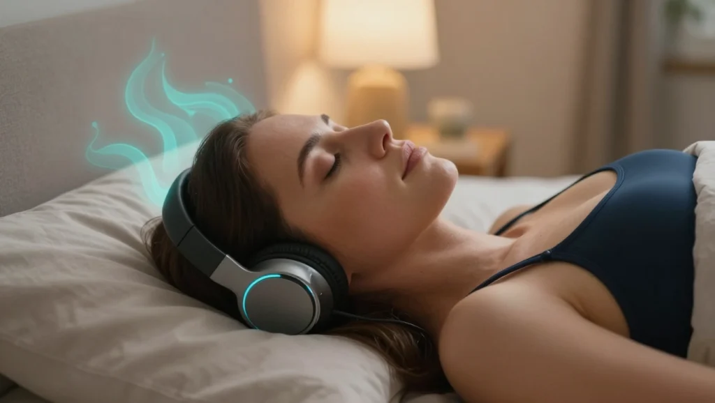 Guided sleep meditation showing a relaxed human face in a softly lit bedroom calming the mind for natural sleep