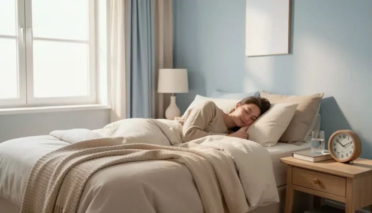 Peaceful person sleeping in a calm bedroom highlighting healthy sleep habits for long-term health.