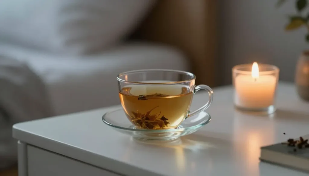 Herbal tea on bedside table to promote natural sleep