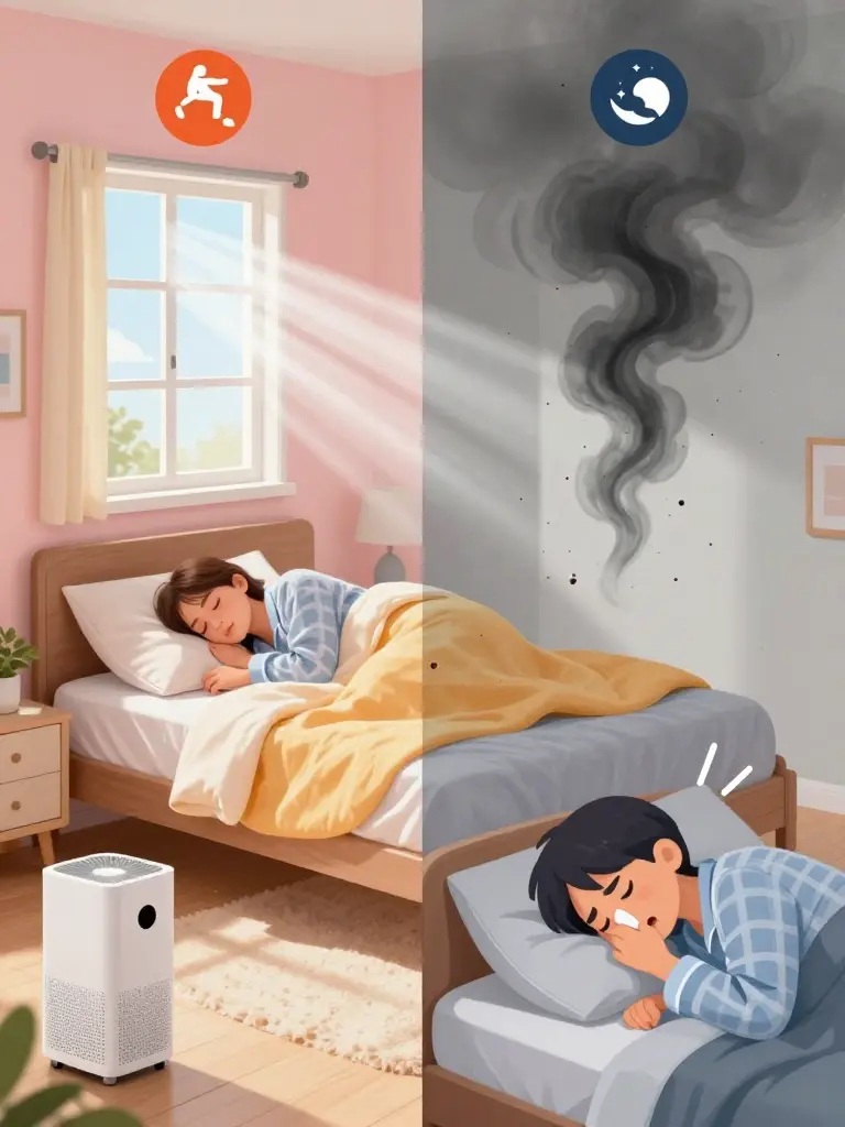 Infographic showing how poor bedroom air quality (dust, smoke, pet dander) disrupts sleep compared to clean air, illustrating effects on breathing, deep sleep, and next-day energy.