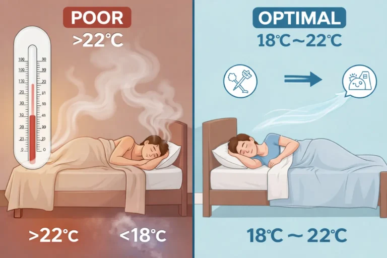 Illustration showing how ideal bedroom temperature (18–22°C) and clean air improve sleep quality, compared to poor temperature and air quality that disrupt sleep