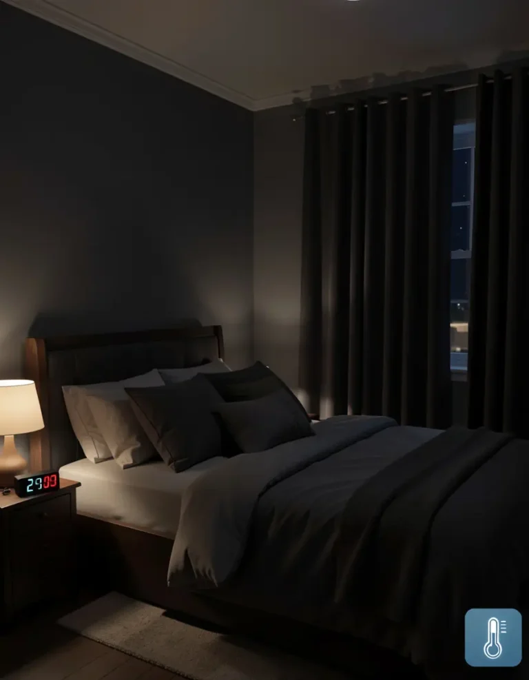 Cozy, sleep-friendly bedroom illustrating optimal darkness, quiet, cool temperature, and comfort.