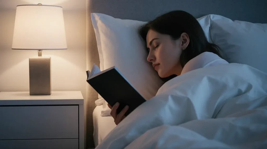 Person reading a book in bed as part of natural sleep routine