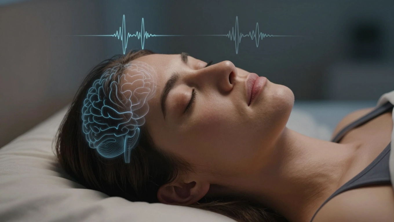 Real human face during guided sleep meditation illustrating calming brain waves and nervous system relaxation