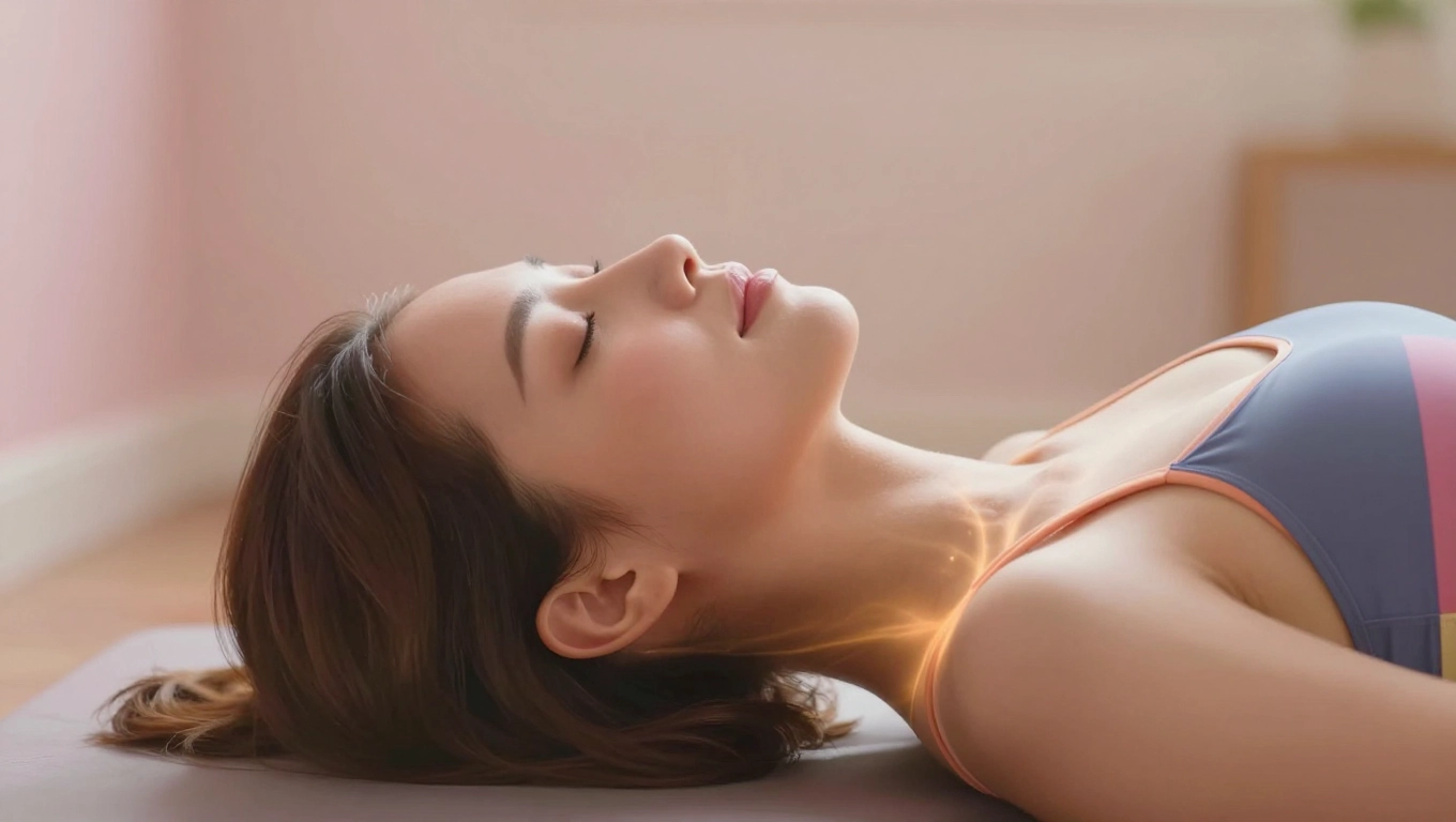 Relaxed human face during body scan meditation, releasing physical tension for better sleep