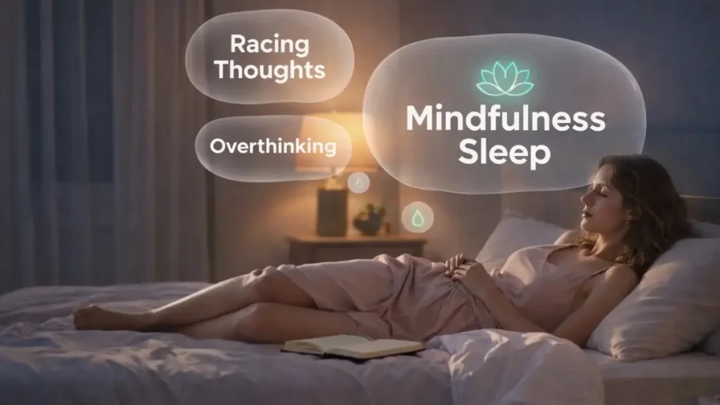 Mindfulness for sleep illustration showing a woman at night calming racing thoughts and overthinking for better rest