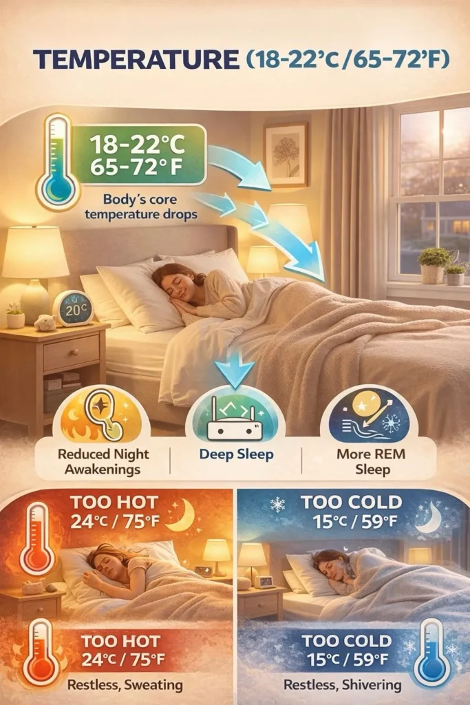 Infographic showing why the best bedroom temperature (18–22°C) is important for sleep, illustrating core body temperature drop, deep sleep, REM sleep, and fewer night-time awakenings.