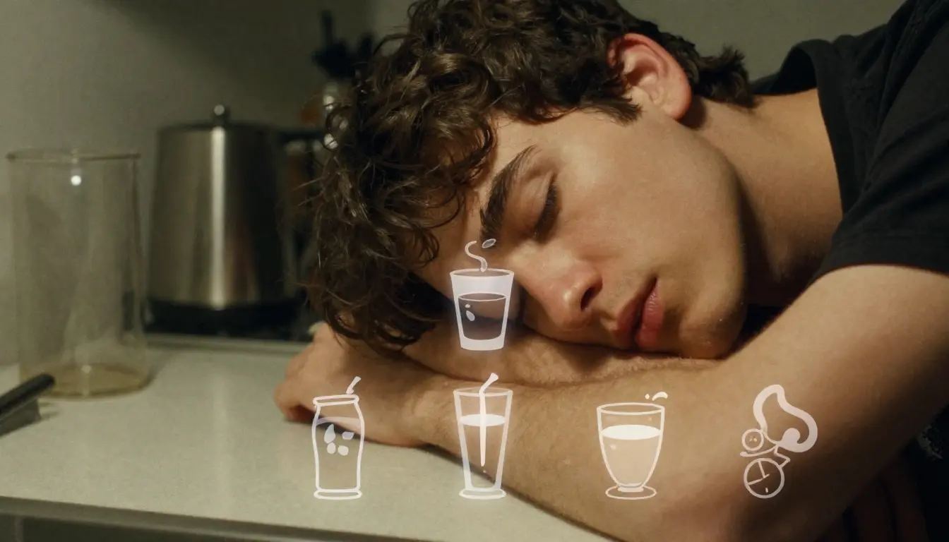Tired young adult man surrounded by coffee, energy drinks, alcohol, and late-night food illustrating caffeine, alcohol, and late-night meals as silent sleep disruptors