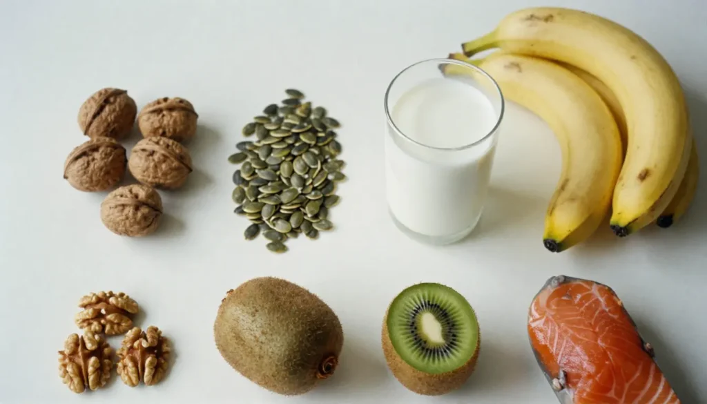 Healthy sleep-supporting foods such as walnuts, pumpkin seeds, bananas, kiwi, salmon, and warm milk arranged neatly to demonstrate how nutrition improves deep sleep and supports Natural Sleep Hacks for Deep Sleep.