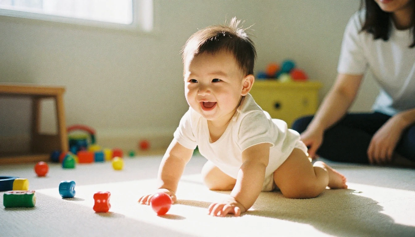 Baby playing during the day to support healthy nighttime sleep – daytime habits to help baby sleep better at night