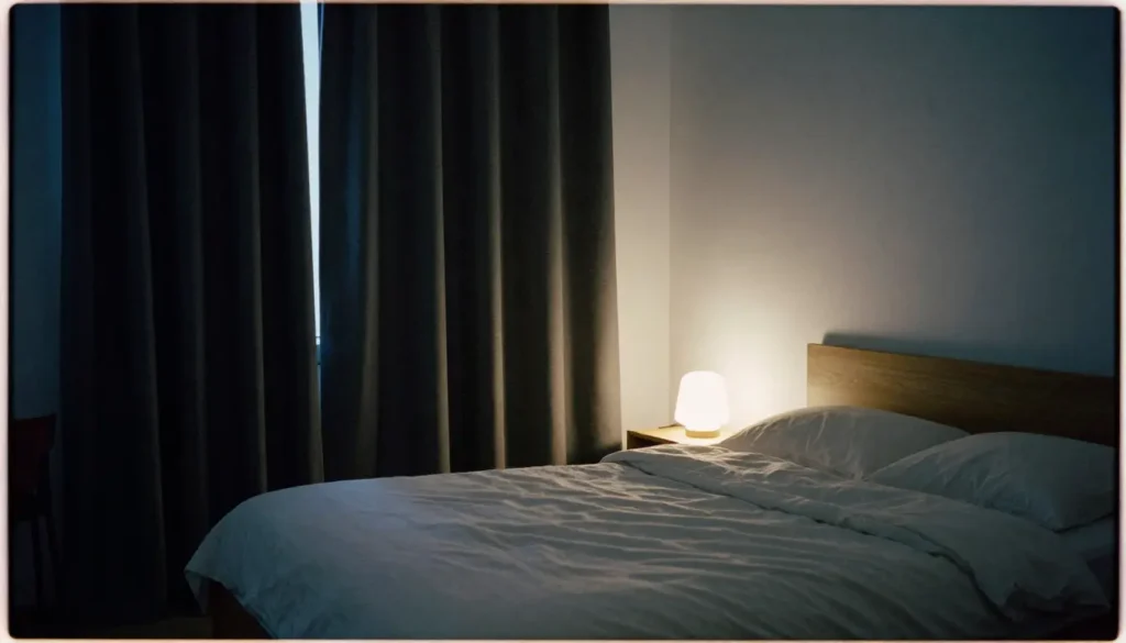 Sleep-friendly bedroom environment with cool temperature, blackout curtains, cozy bedding, and no screens, demonstrating Natural Sleep Hacks for Deep Sleep and better sleep hygiene.