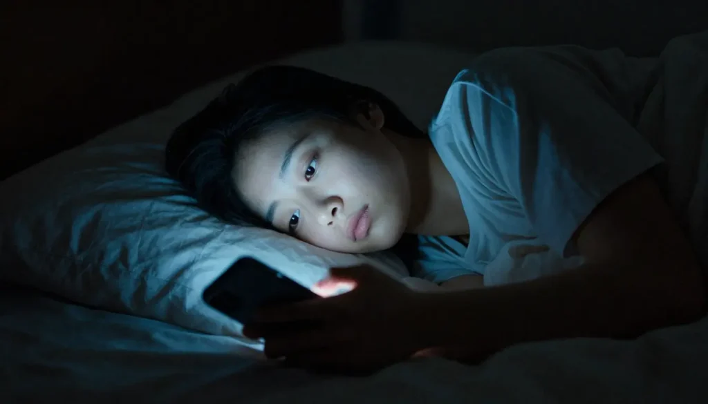 Person using a smartphone at night with blue light illuminating the face, representing how screen exposure blocks melatonin and disrupts deep sleep as part of Natural Sleep Hacks for Deep Sleep.