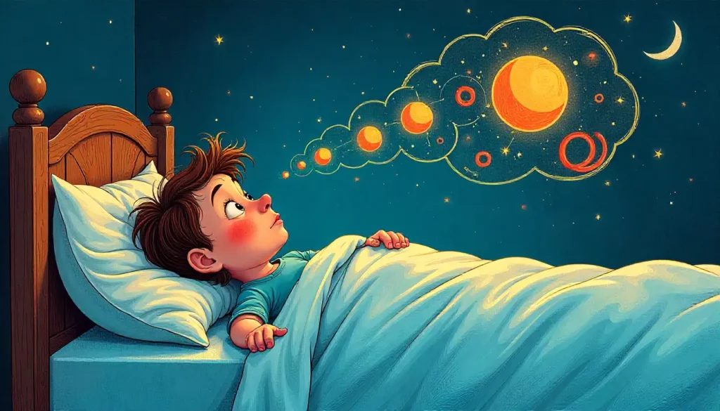 Cartoon-style image of a restless sleeper with thought bubbles highlighting key causes of insomnia, including Overthinking, Anxiety, Racing Thoughts, and Worry Loops, and a glowing aura representing mindfulness.
