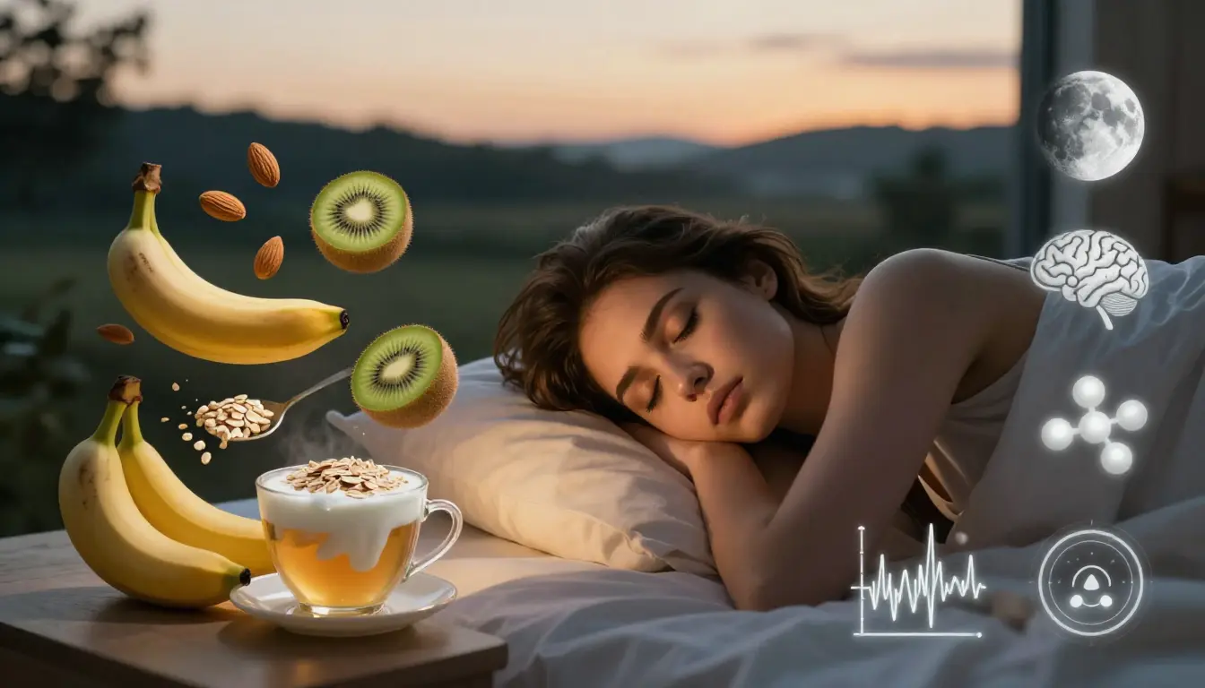 Woman lying in bed at night with healthy foods and scientific sleep icons showing how diet affects sleep connection