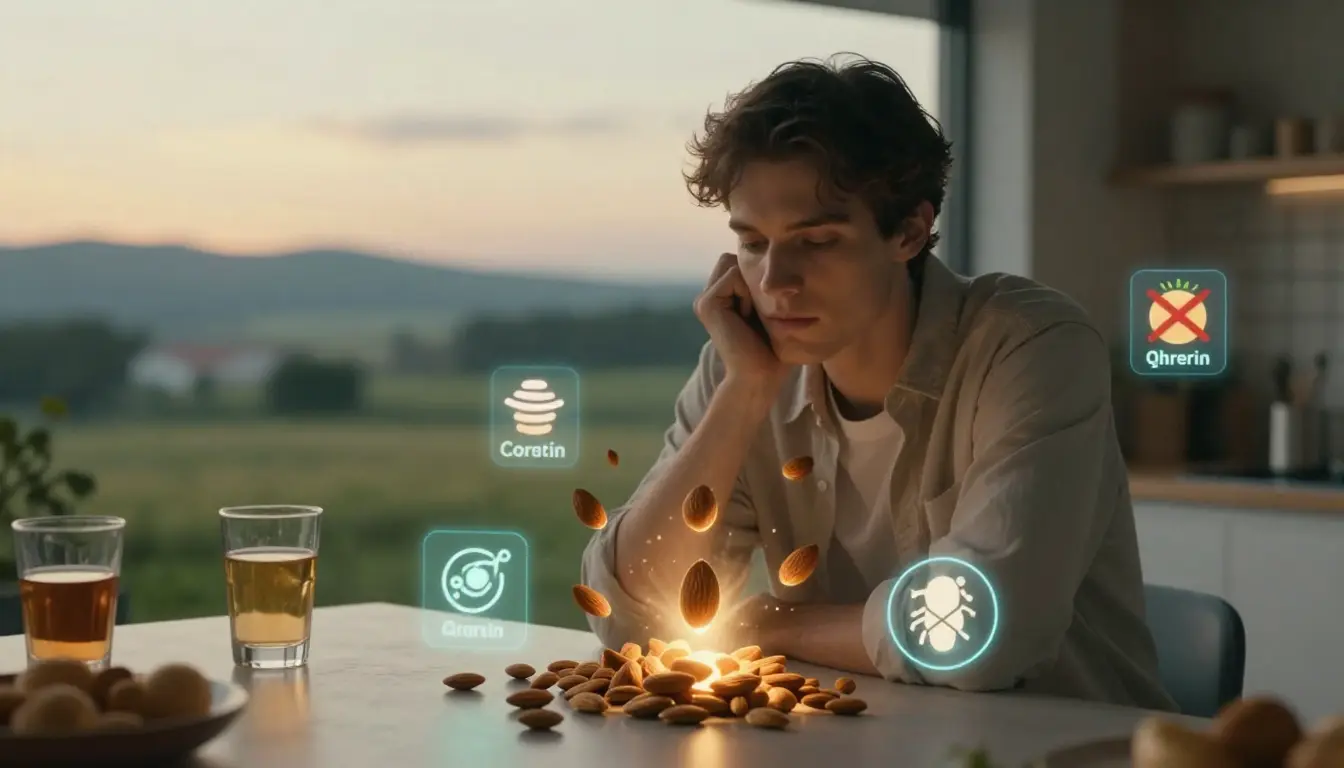 Young adult man with floating healthy foods (bananas, cherries, almonds, oats) and glowing hormone icons (melatonin, serotonin, cortisol, insulin, ghrelin, leptin) showing how diet influences sleep hormones