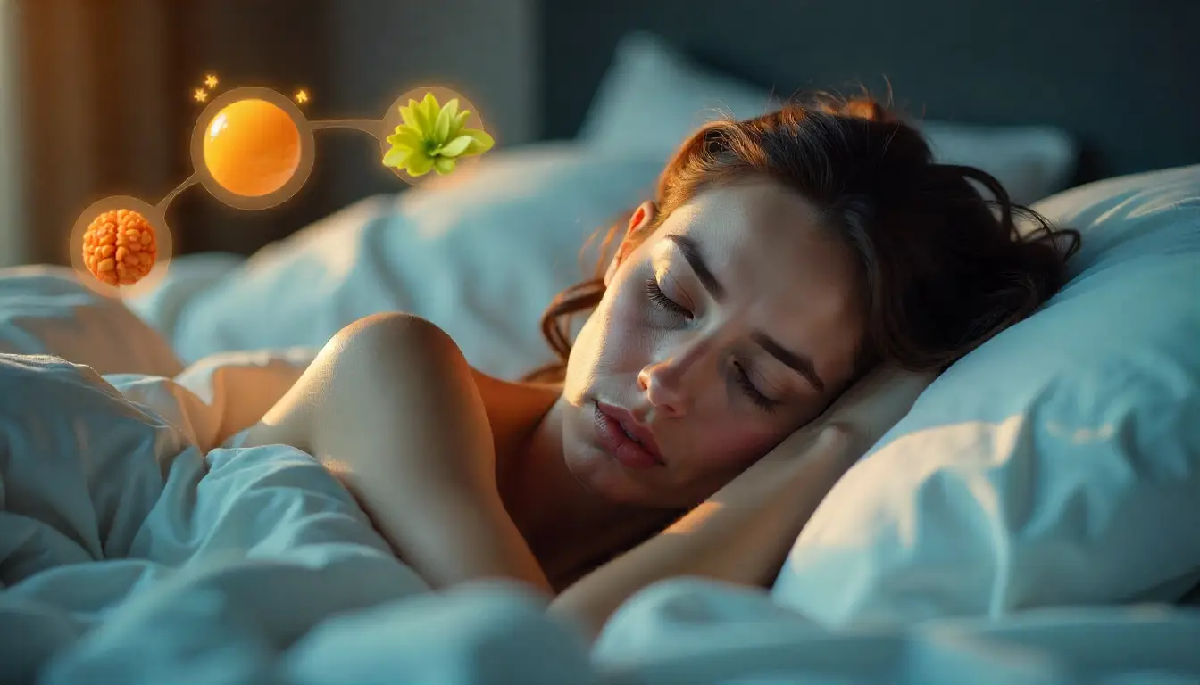 Tired young adult woman in bed surrounded by glowing nutrient icons (magnesium, vitamin D, omega-3, vitamin B6, tryptophan) illustrating how nutrient deficiencies disturb sleep