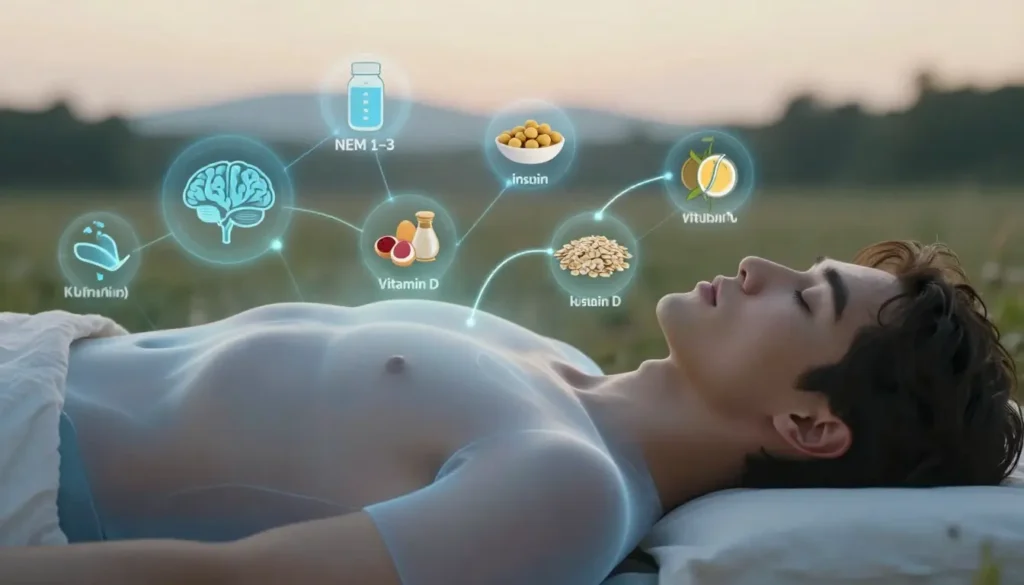 Young adult lying on semi-transparent human body with close-up face, surrounded by floating sleep stage icons, hormones, nutrients, and healthy foods illustrating the diet and sleep connection scientifically