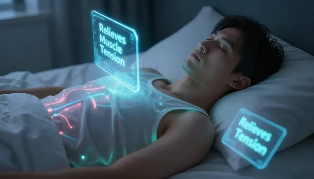 Sci-fi inspired image of a person in bed, eyes closed, surrounded by holographic effects representing nervous system regulation and mindfulness benefits for restful sleep.