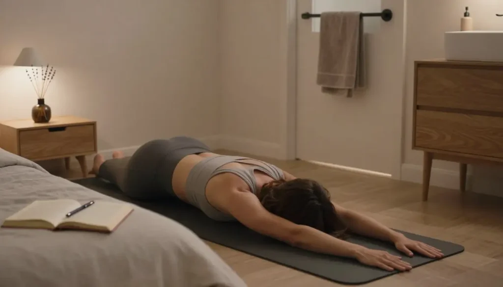 Night bedroom scene showing yoga stretching, journaling, reading, aromatherapy and warm shower routine to support deep sleep