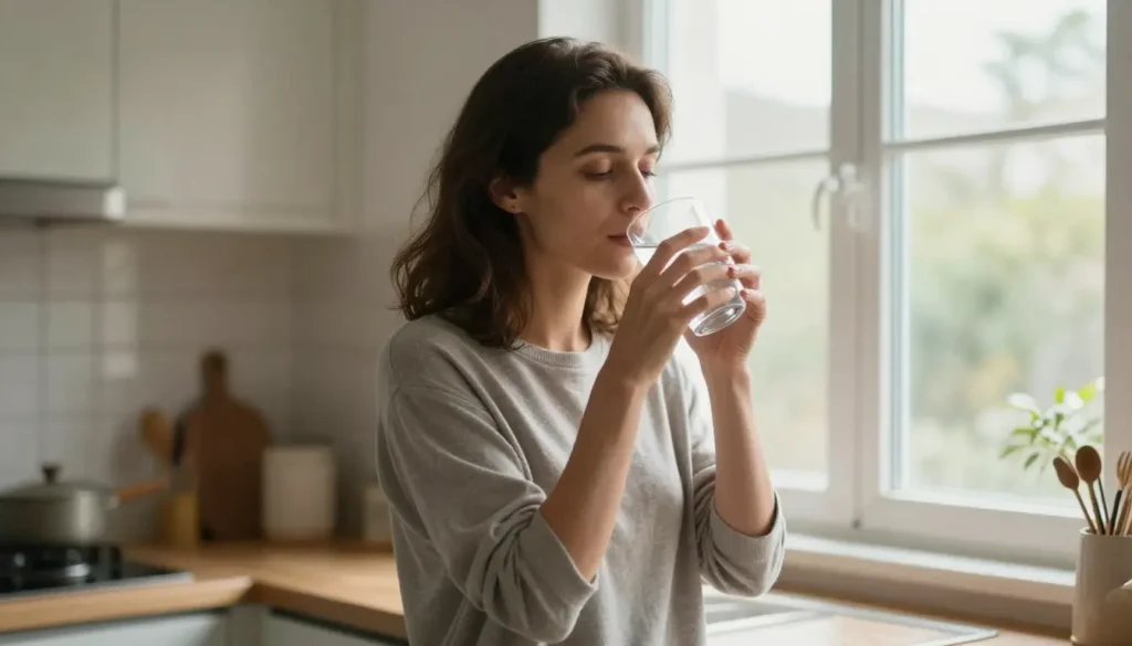 Woman drinking water in the morning to stay hydrated and support natural sleep hacks for deep sleep and hormone balance.