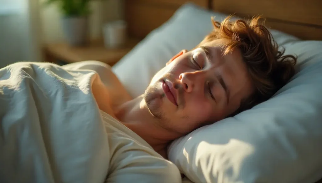 Young adult peacefully sleeping with icons representing brain, metabolism, emotional balance, immune function, and physical recovery showing why sleep matters more than we think