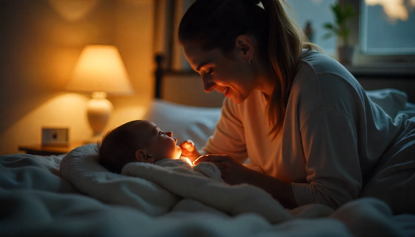 Parent feeding a baby at night in a calm, cozy bedroom to promote better sleep – how to help baby sleep better at nigh