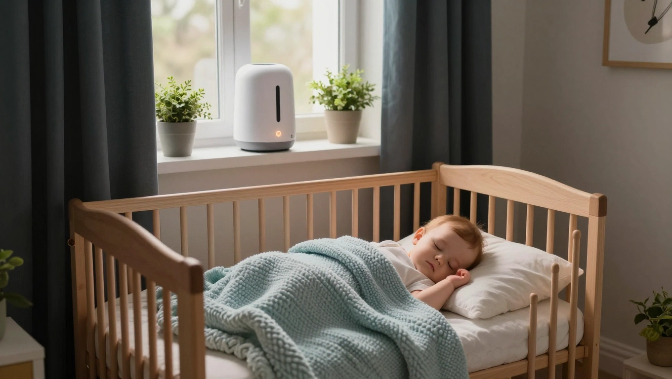Baby sleeping peacefully in a cozy, dimly lit nursery with safe sleep environment – tips on helping baby sleep better at night