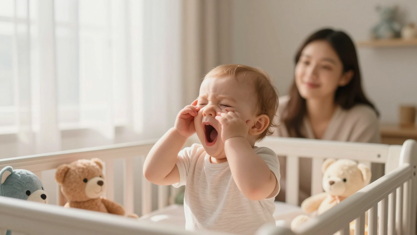 Baby yawning and rubbing eyes showing sleep cues while parent observes – recognizing sleep cues to help baby sleep better at night