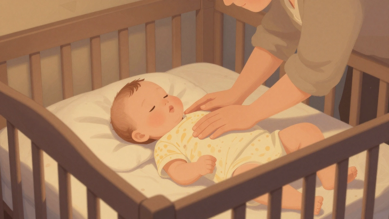 Parent gently comforting a baby in crib as part of gentle sleep training – how to help baby sleep better at night