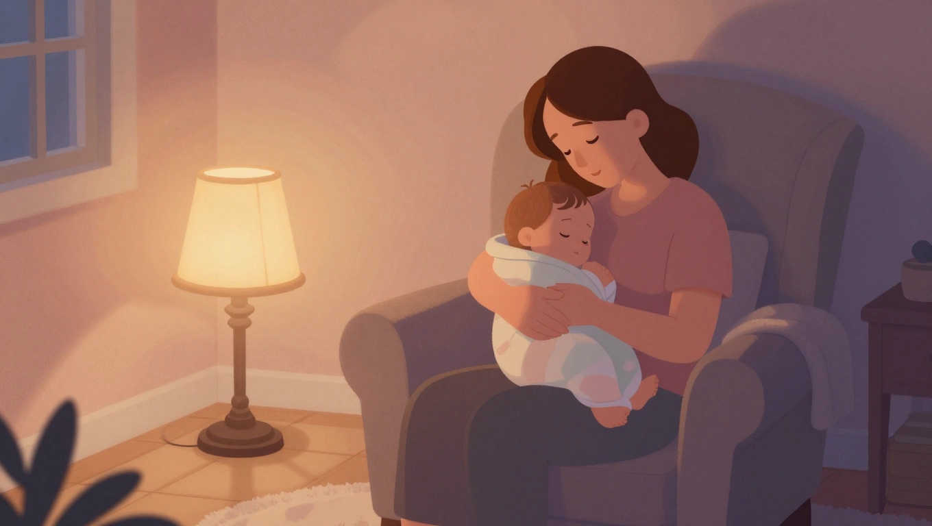 Parent soothing a baby during nighttime waking in a calm, dimly lit nursery – tips for handling night wakings and helping baby sleep better