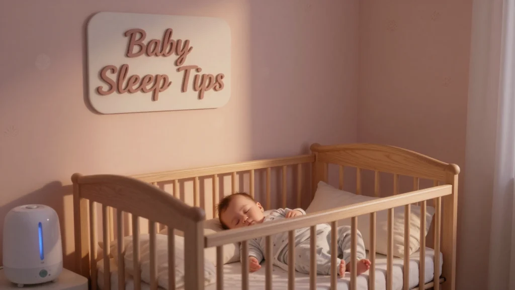 Baby peacefully sleeping in a cozy nursery at night with dim lighting and calm environment – tips on how to help baby sleep better at night