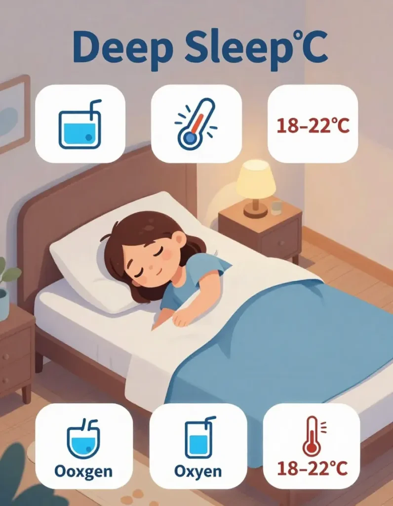 Infographic showing the ideal bedroom environment for better sleep: temperature 18–22°C, humidity 40–60%, and clean airflow for deep, uninterrupted sleep and improved energy.