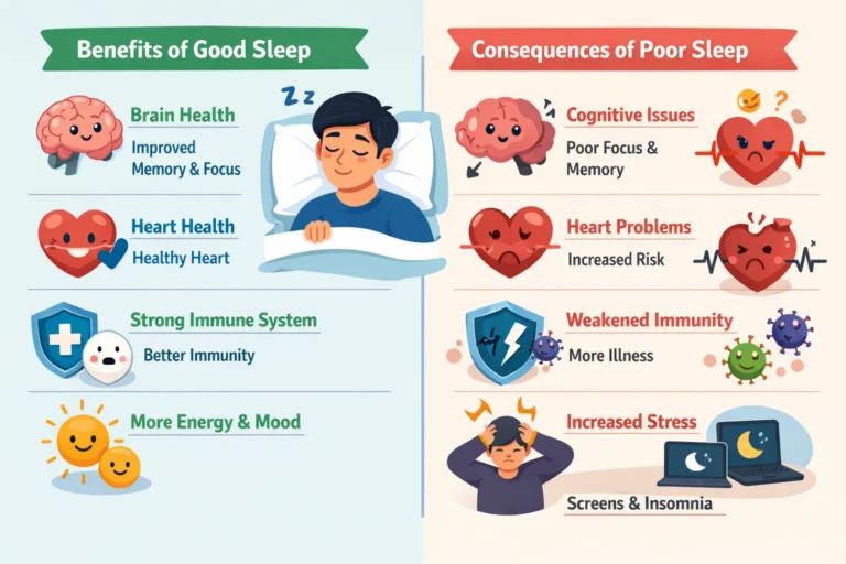 Infographic illustrating the benefits of good sleep for brain, heart, immune system, and emotional health, alongside the risks of sleep deprivation.