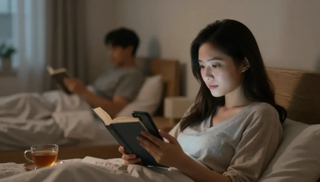 Realistic illustration of adults preparing for a healthy night’s sleep with habits like turning off devices, reading, and relaxing in a cozy bedroom, highlighting the benefits of good sleep for health.