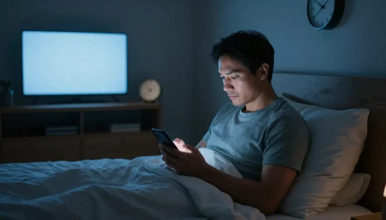 Realistic image of an adult turning off a smartphone and TV before bed, illustrating the importance of limiting screen exposure for better sleep