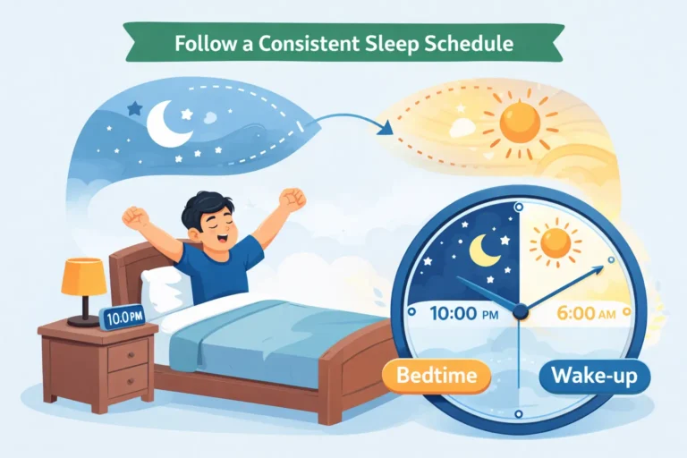 Illustration showing a person following a consistent sleep schedule with a clock and circadian rhythm, emphasizing regular bedtime and wake-up time