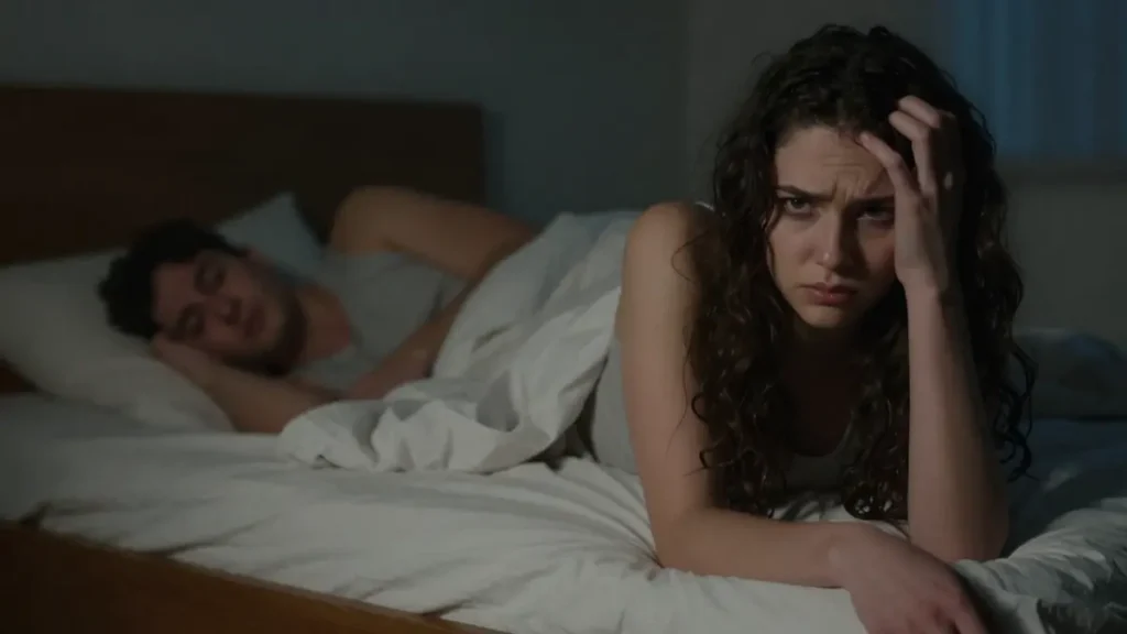Young American woman sitting on the bed at night, stressed and unable to sleep after a fight with her partner.