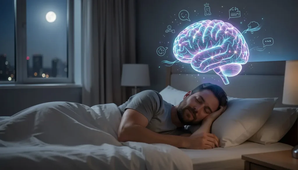 Brain during sleep explained showing glowing neural activity above sleeping adult in modern bedroom
