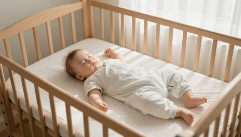 A 10–12 month old baby sleeping peacefully in a safe, clutter-free crib with soft morning light in a nursery.